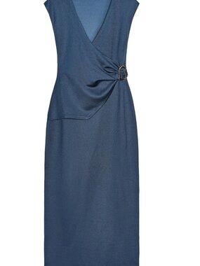 Zara Navy Sleeveless Wrap Midi Dress with Buckle